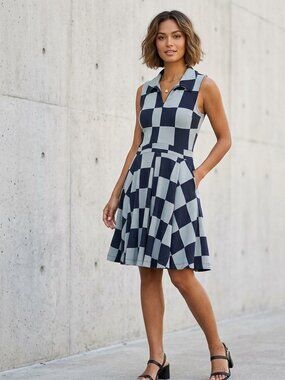 MARIGOLD par Marilyne Baril Checkerboard A-Line Dress - Blue -  Medium - NWOT